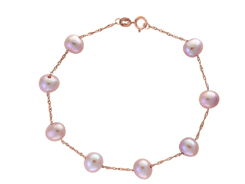 Women’s luxury bangle-14K Rose Gold 6-6.5mm Natural Pink Freshwater Pearl Station Bracelet