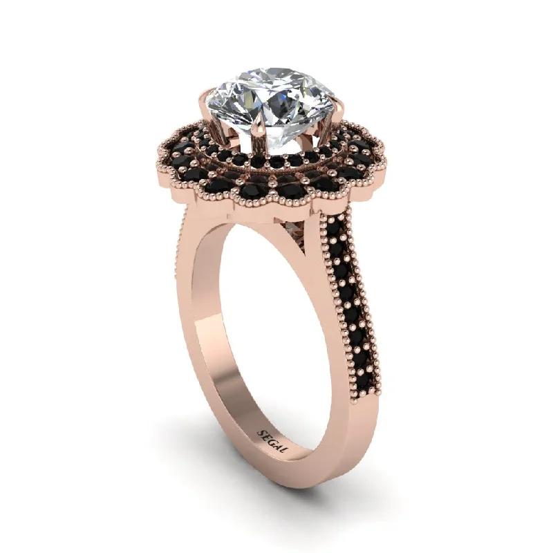 Women’s oval diamond ring-Black Diamond Double Halo Cathedral Engagement Ring - Deirdre No. 32