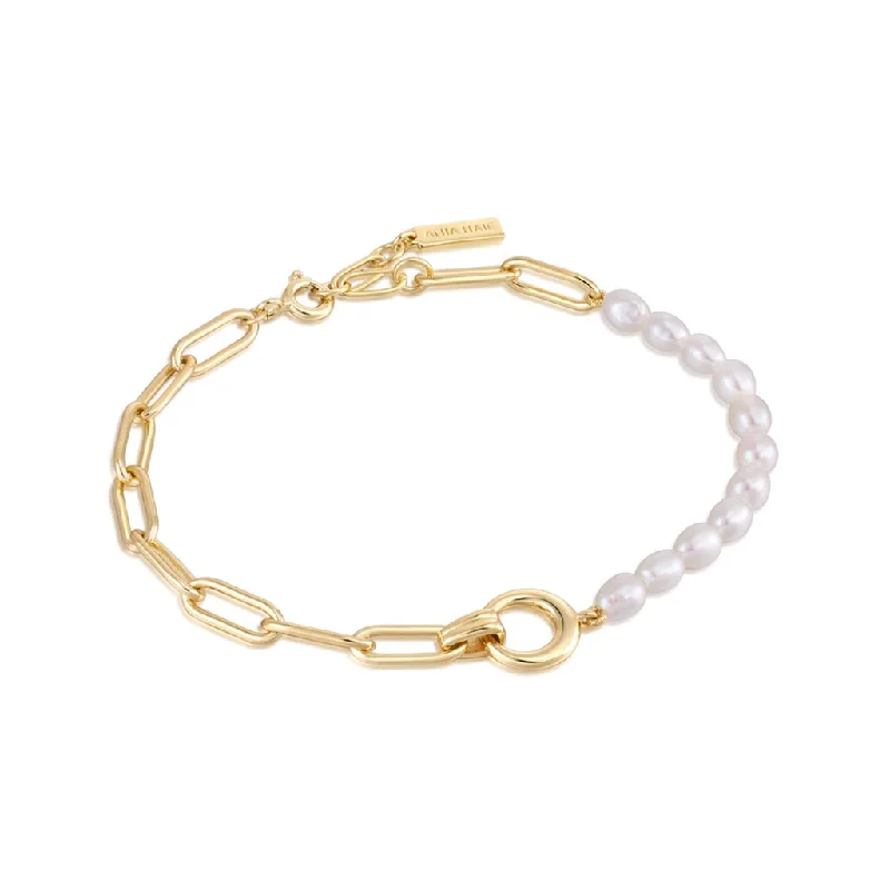 Women’s diamond bangle-14K Yellow Gold Plated Paperclip Chain & Pearl Strand Bracelet by Ania Haie