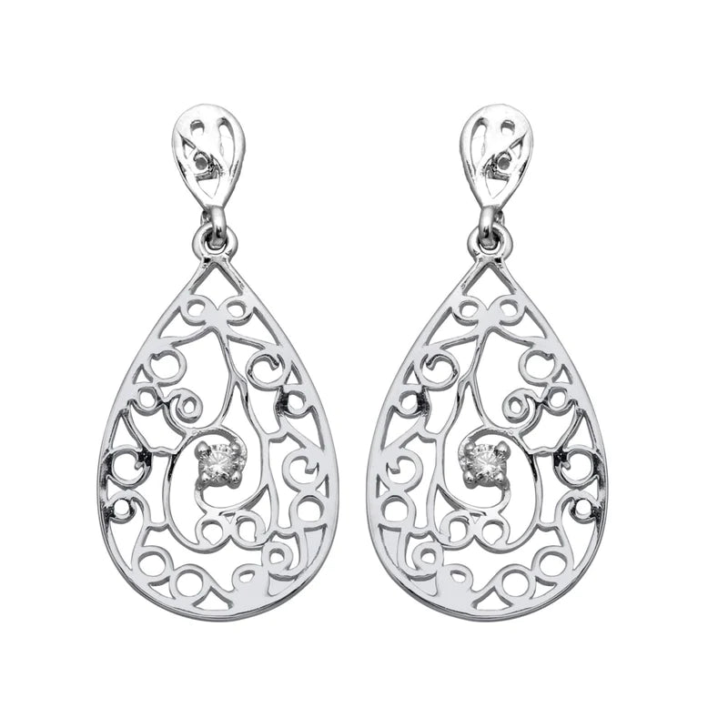 Women’s creative earrings-Silver 925 Rhodium Plated Teardrop Filigree Dangling Earrings