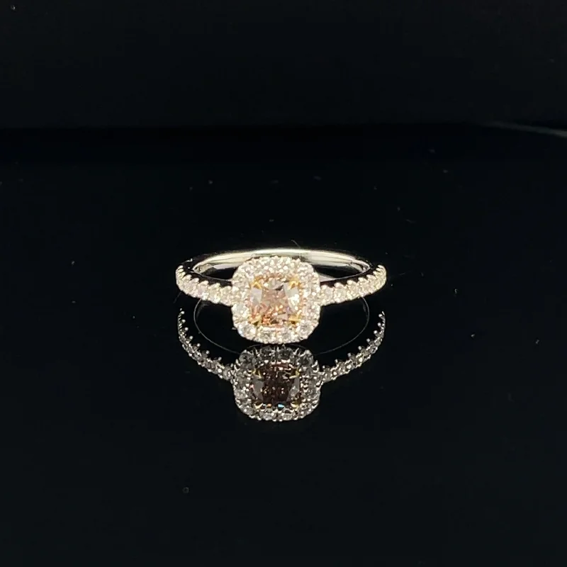 Women’s vintage wedding ring set-Cognac & White Diamond Cushion Halo Engagement Ring in 18k White Gold - (#120-JR0A52GH)