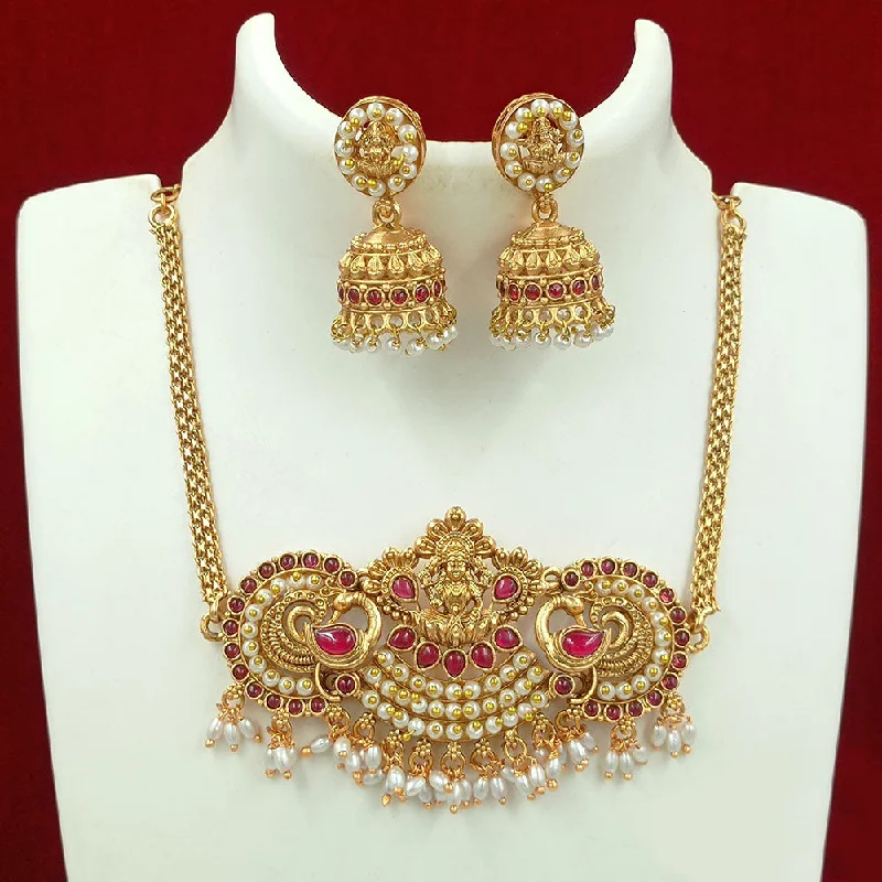 Women’s heart-shaped necklace-Joyful Jewel Art Matte Gold Plated Kundan Stone And Temple Choker Necklace Set