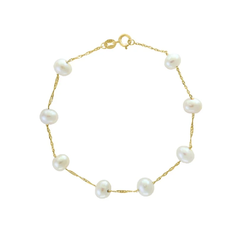 Women’s gemstone bangle-14K Yellow Gold 6-6.5mm Freshwater Pearl Station Bracelet