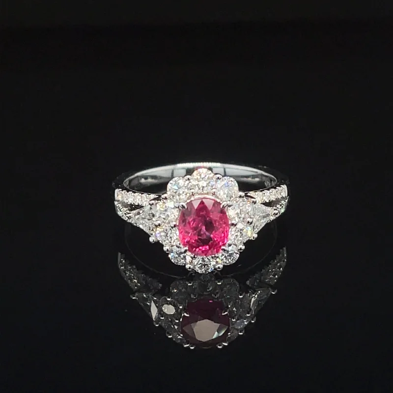 Women’s signature engagement ring-Oval Ruby & Diamond Halo Cluster Engagement Ring in 18k White Gold - #614 - RGRUB106829