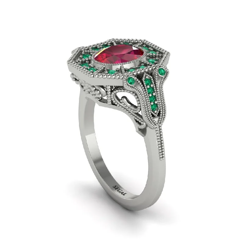 Women’s gemstone engagement ring-Ruby Oval Cut Art Deco Engagement Ring - Tabitha No. 27