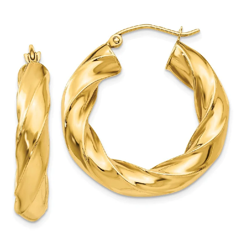 Women’s minimalist earrings-5mm x 27mm Polished 14k Yellow Gold Round Twisted Hoop Earrings