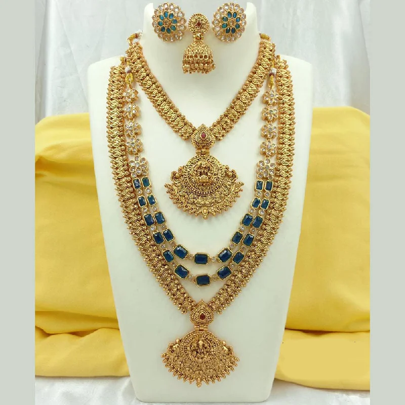 Women’s crystal necklace with pendant-Fs Collection Gold Plated Crystal Stone Temple Long Necklace Combo Set