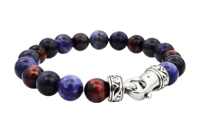 Women’s chunky bracelet-Mens Genuine 10mm Sodalite And Red Tiger Eye Stainless Steel Beaded Bracelet