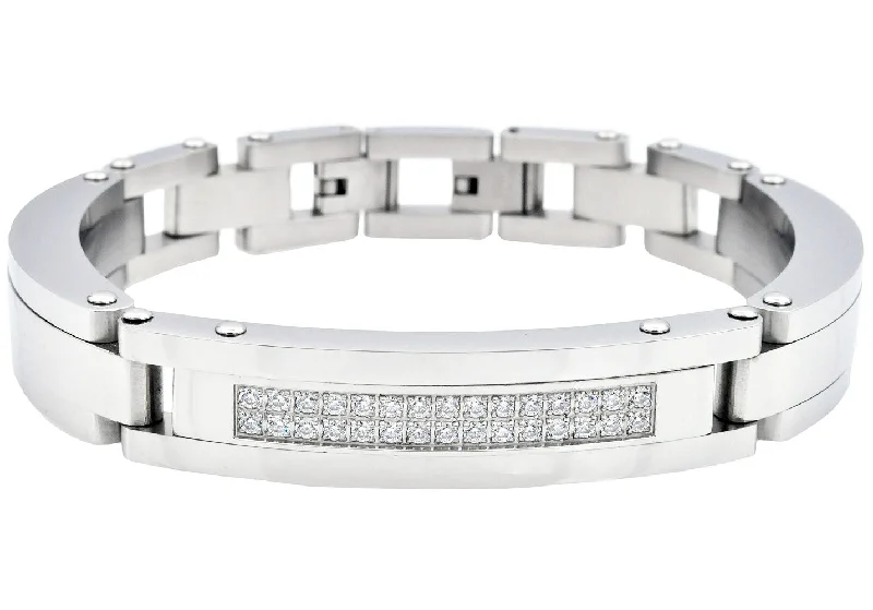 Women’s beaded bracelet-Mens Stainless Steel Link Bracelet With Cubic Zirconia