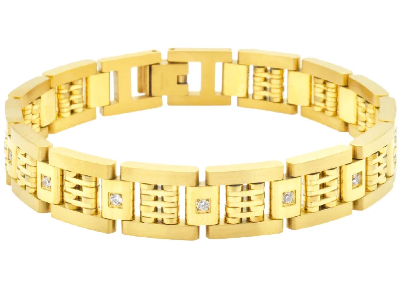 Women’s luxury bangle-Mens Gold Plated Stainless Steel Bracelet With Cubic Zirconia