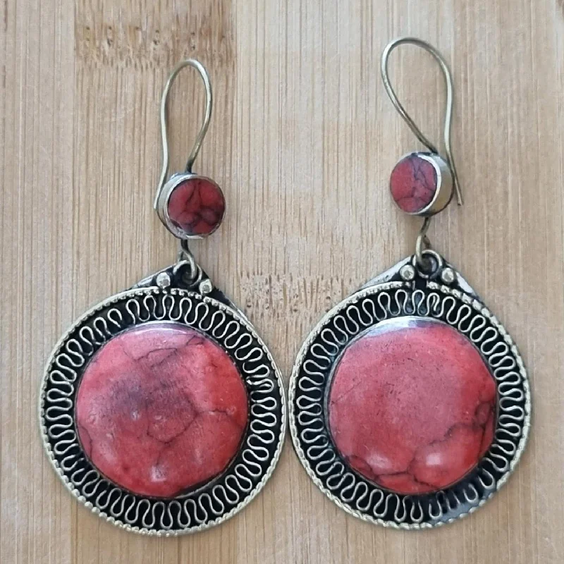 Women’s colorful earrings-Handmade Tribal Circle Earrings - Red Stone