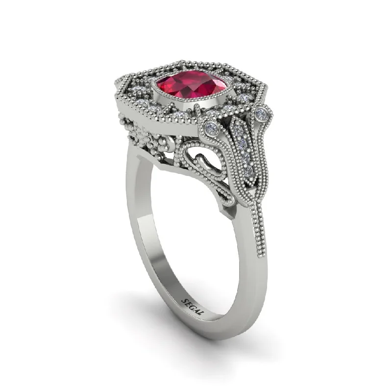 Women’s antique gold engagement ring-Ruby Cushion Cut Art Deco Engagement Ring - Kristin No. 12