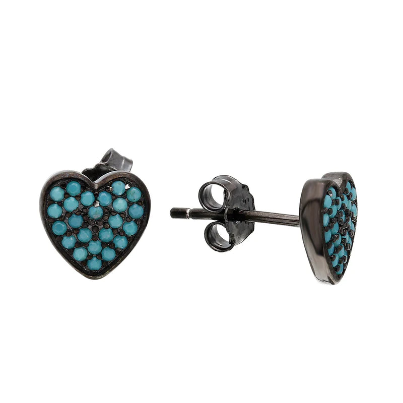 Women’s rose gold earrings-Silver 925 Black Rhodium Plated Heart Earrings with Turquoise Stones