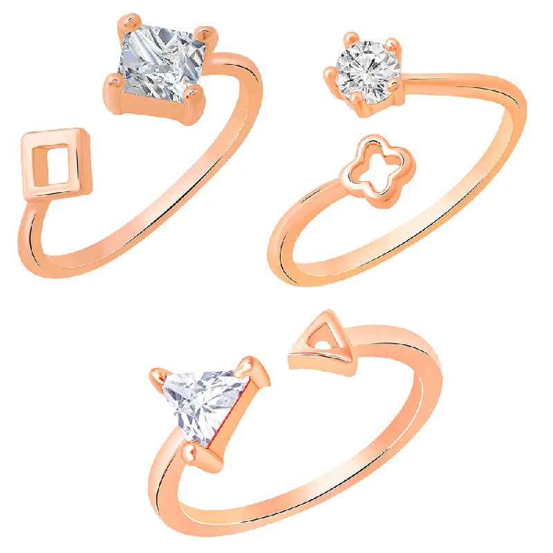 Women’s gemstone ring-Mahi Rose Gold Plated Combo of 3 Geometrical Shapes Adjustable Finger Rings with Cubic Zirconia for Women (CO1105443Z)