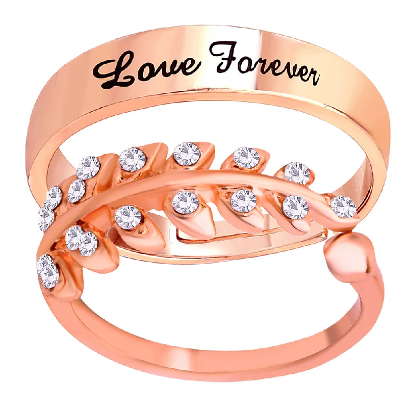 Women’s double band ring-Mahi Rose Gold Plated Valentine Gifts Love Forever and Leavs Shaped Adjustable Couple Ring with Crystal (FRCO1103177Z)