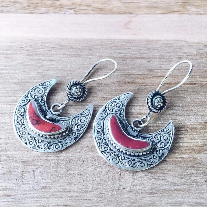 Women’s gemstone stud earrings-Crescent Kuchi Tribal Earrings - Coral