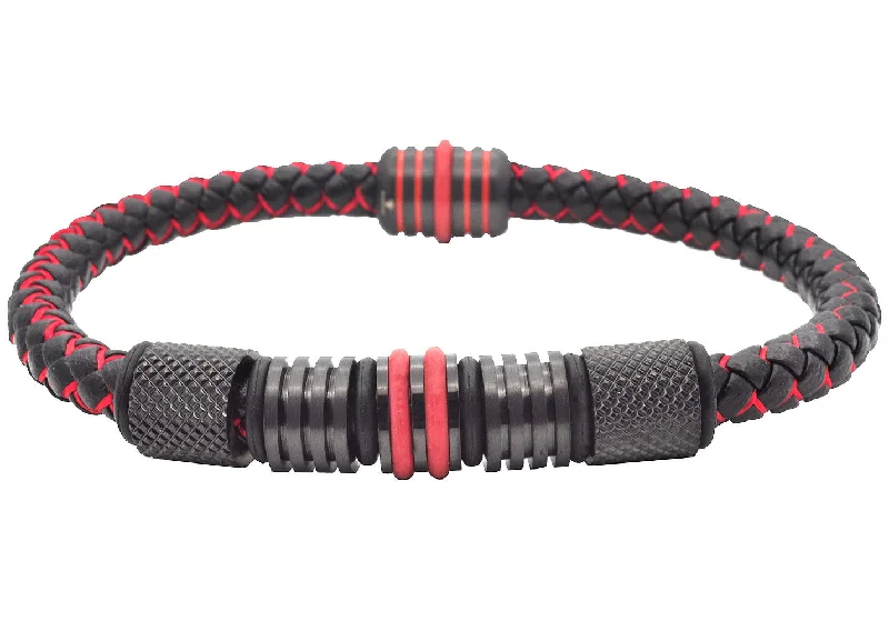 Women’s rose gold bracelet-Mens Two-Tone Black and Red Leather Stainless Steel Bracelet