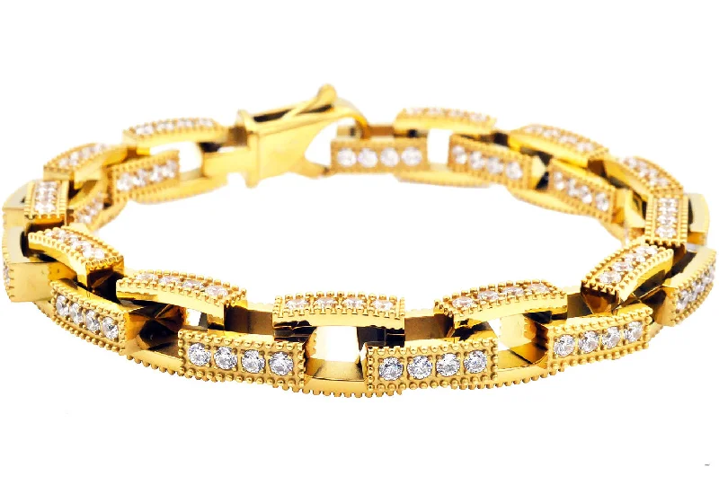 Women’s sparkling bracelet-Mens Gold Stainless Steel Square Link Chain Bracelet with Cubic Zirconia