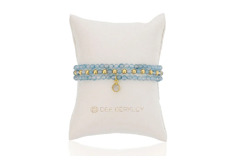 Women’s black leather bracelet-Blue Topaz & Gold Filled Bead Stretch Bracelet Set by Dee Berkley