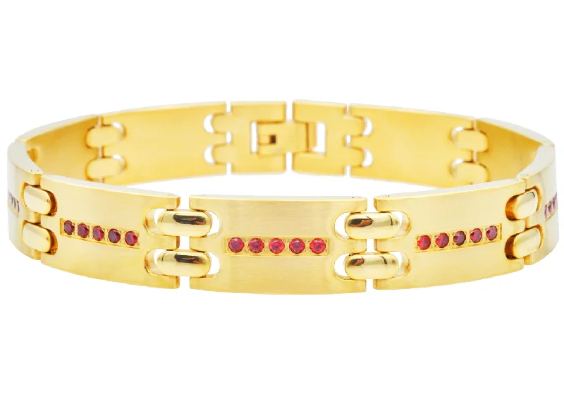 Women’s wire bracelet-Mens Gold Stainless Steel Bracelet With Red Cubic Zirconia