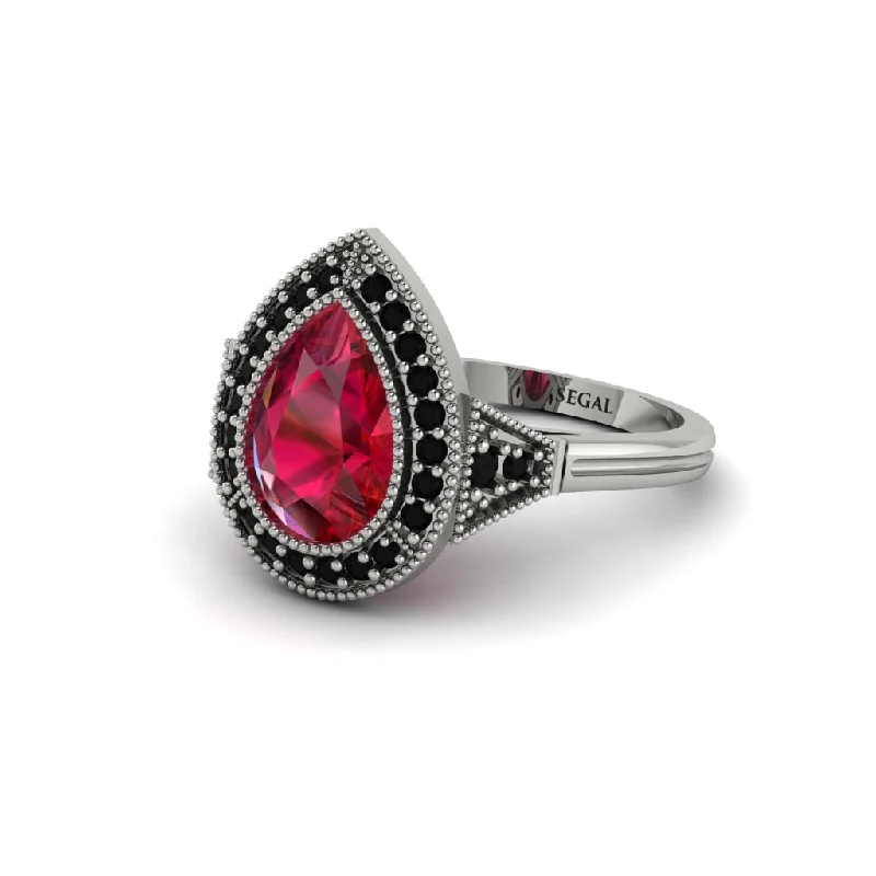 Women’s emerald engagement ring-Pear Cut Ruby Milgrain Halo Engagement Ring - Daleyza No. 42