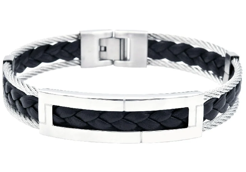 Women’s heart-shaped bangle-Mens Stainless Steel Black Leather Cable Bracelet