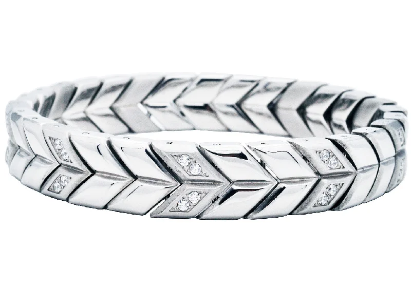 Women’s art deco bracelet-Men's 12mm Chevron Woven Stainless Steel Bracelet With Cubic Zirconia