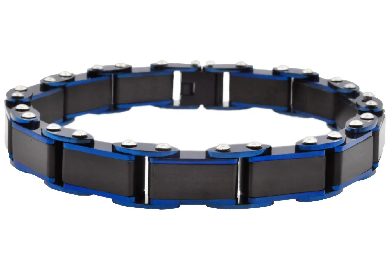 Women’s luxurious bracelet-Mens Two Tone Black And Blue Stainless Steel Bracelet With Pins