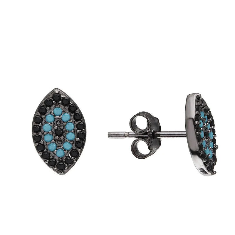 Women’s sparkling earrings-Black Rhodium Plated 925 Sterling Silver Evil Eye Earrings with Black CZ and Turquoise Stones