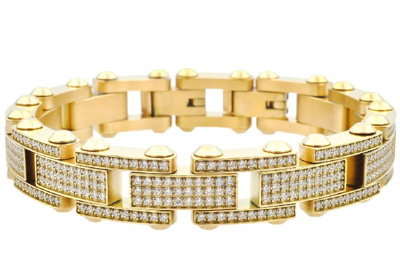 Women’s trendy bracelet-Mens Gold Stainless Steel Link Bracelet With Cubic Zirconia