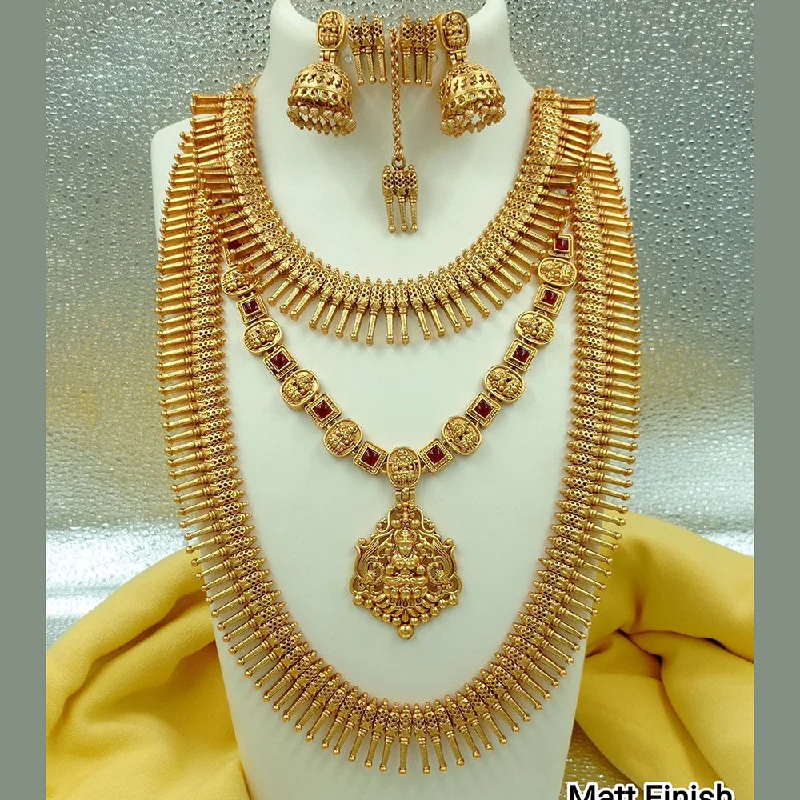 Women’s stone necklace-FS Collection Gold Plated Pota Stone Temple Long Necklace Combo Set