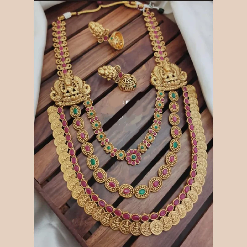 Women’s pearl necklace-Sangita Creation  Copper Gold  Pota Stone Temple Long  Necklace Set