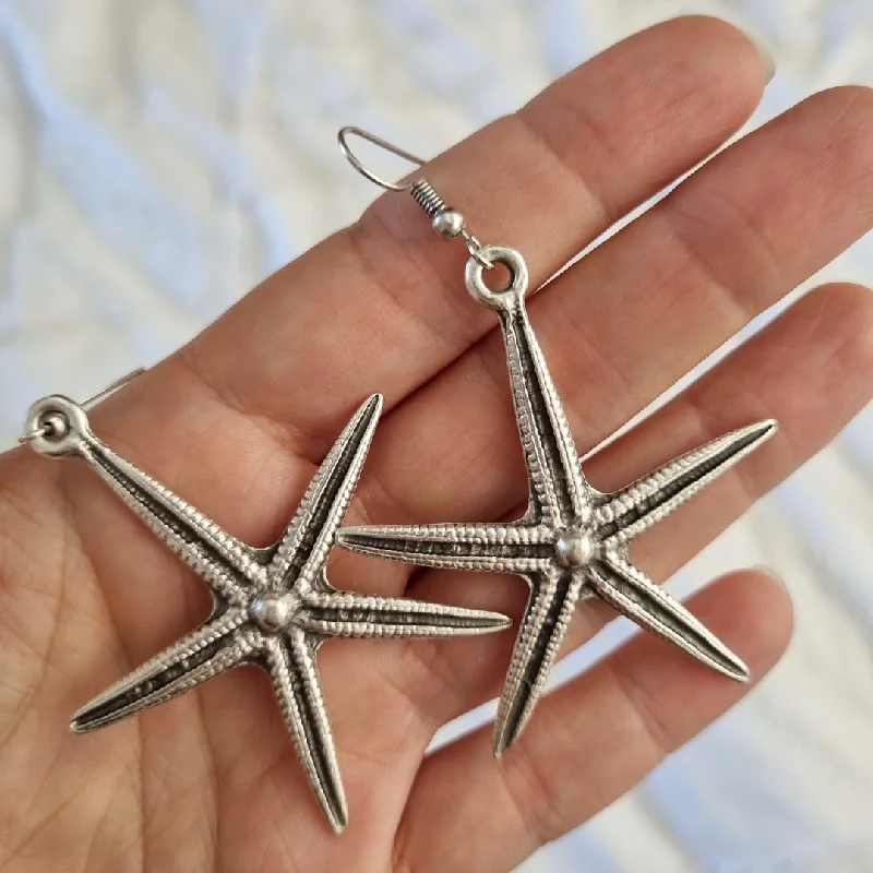 Women’s gemstone drop earrings-Boho Large Silver Starfish Earrings  - Beachy Bohemian Jewellery