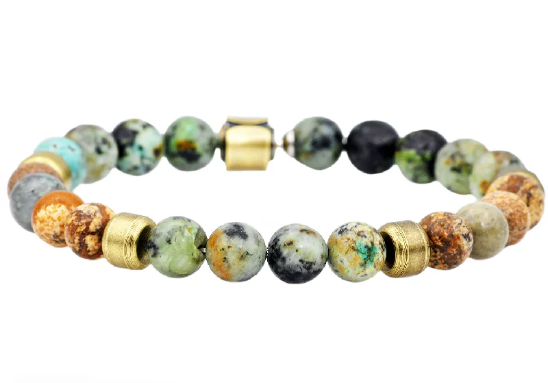 Women’s simple bracelet-Mens Genuine African Turqoise And Jasper Gold Stainless Steel Beaded Bracelet