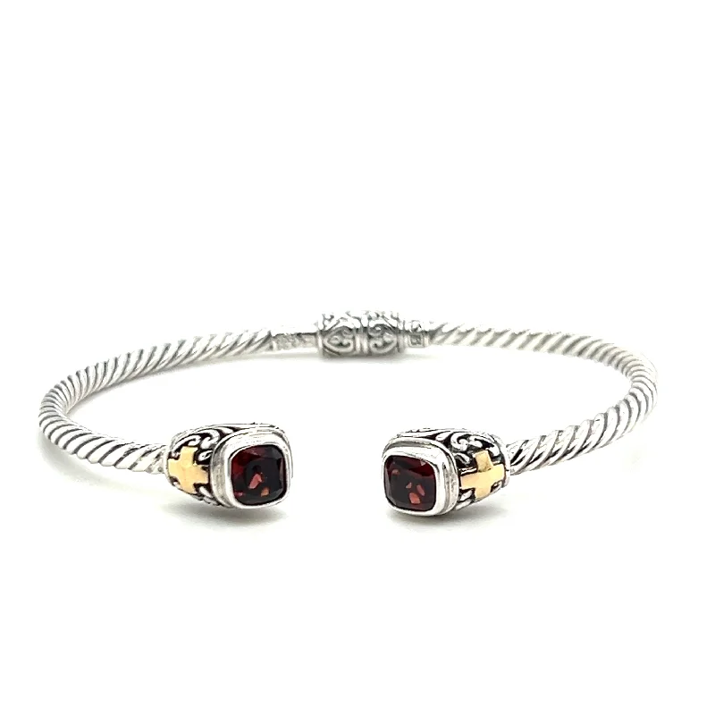 Women’s custom bracelet-Sterling Silver & 18K Yellow Gold Garnet Cuff Bracelet by Samuel B.