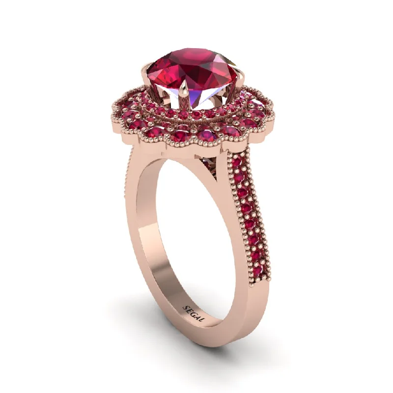 Women’s affordable wedding ring-Ruby Double Halo Cathedral Engagement Ring - Deirdre No. 56