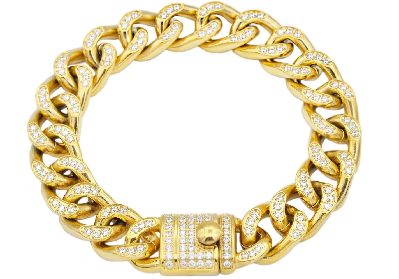 Women’s tennis bracelet-Mens Gold Stainless Steel Curb Link Chain Bracelet With Cubic Zirconia