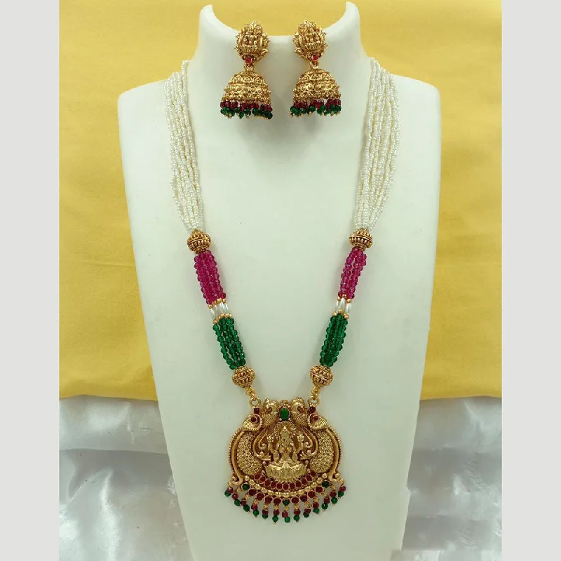 Women’s square pendant necklace-FS Collection Gold Plated Pota Stone And Pearl Temple Necklace Set