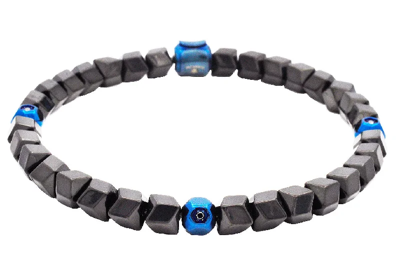 Women’s engraved charm bracelet-Mens Black and Blue Bead Stainless Steel Bracelet with Black Cubic Zirconia