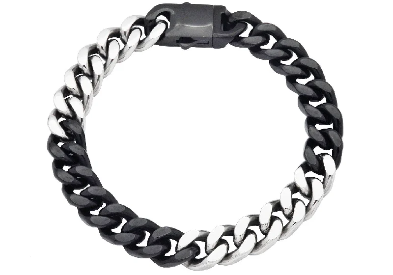 Women’s boho bracelet-Mens 10mm Two-Toned Black Plated Stainless Steel Cuban Link Chain Bracelet