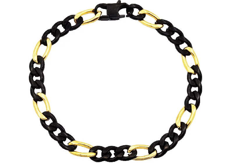 Women’s wire bracelet-Mens Two-Toned Gold & Black Stainless Steel Figaro Link Chain Bracelet