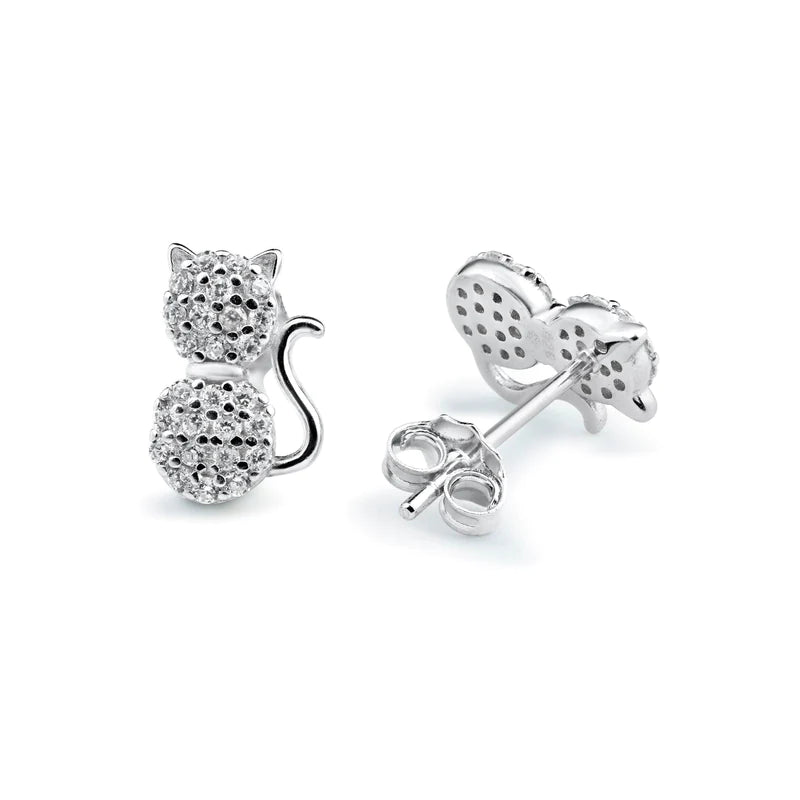 Women’s diamond earrings-Silver 925 Rhodium Plated Cat Clear CZ Stud Earrings