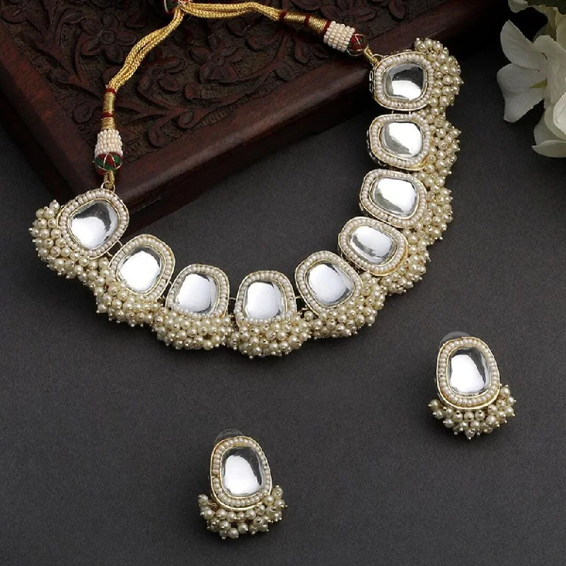 Women’s two-tone necklace-Lucentarts Jewellery Gold Plated Kundan Stone And Pearls Choker Necklace Set