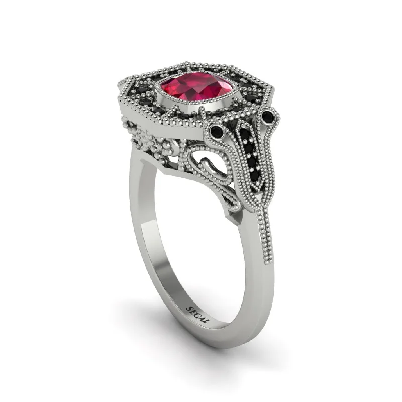 Women’s bridal engagement set-Ruby Cushion Cut Art Deco Engagement Ring - Kristin No. 42