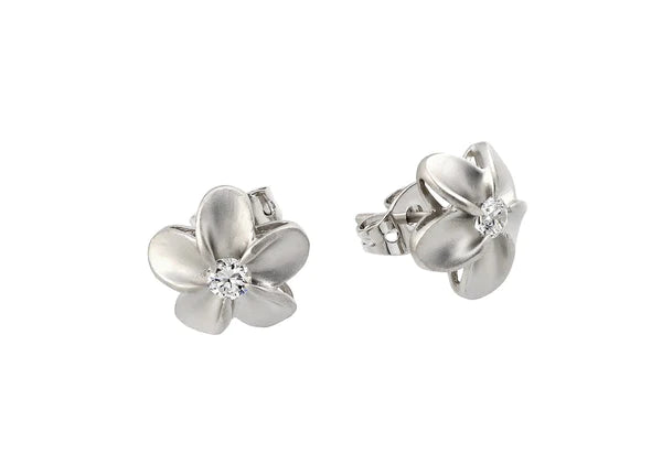 Women’s nature-inspired earrings-Silver 925 Rhodium Plated Flower Round CZ Stud Earrings