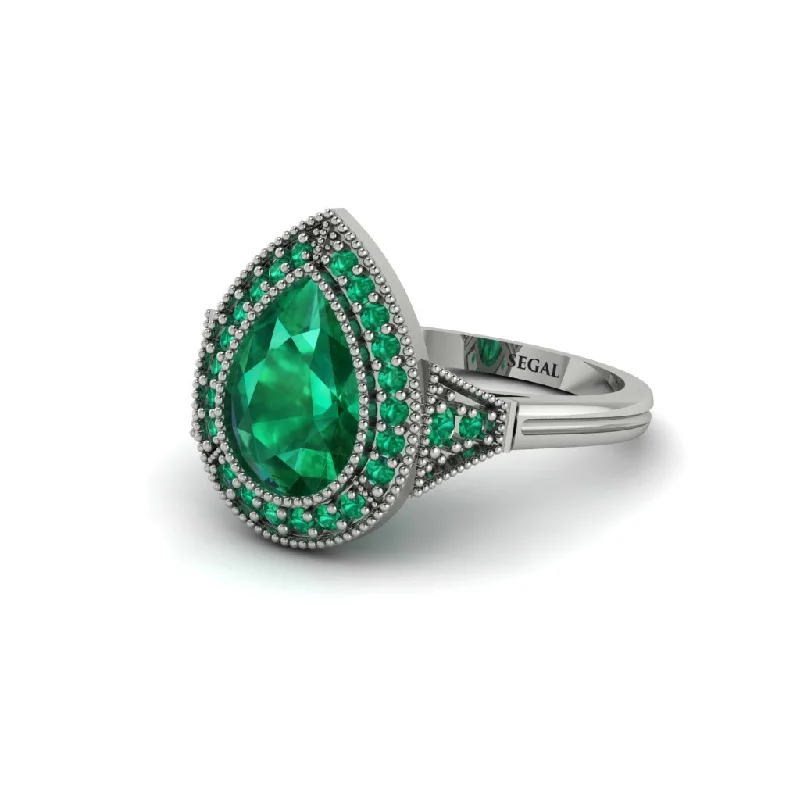 Women’s classic gold engagement ring-Pear Cut Emerald Milgrain Halo Engagement Ring - Daleyza No. 21