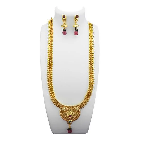 Women’s gold necklace-Utkrishtt Gold Plated Maroon Pota Stone Copper Necklace Set - 1108331