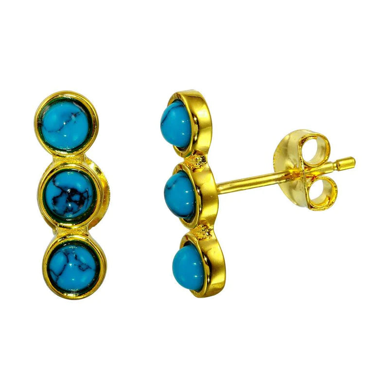 Women’s hoop earrings-Silver 925 Gold Plated 3 Round Turquoise Earrings