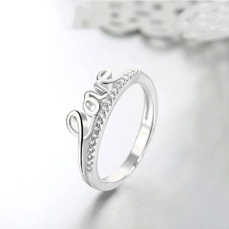 Women’s silver signet ring-Mahi Valentine Gift Proposal Love Engraved Adjustable Finger Ring with Crystal for Women (FR1103200R)