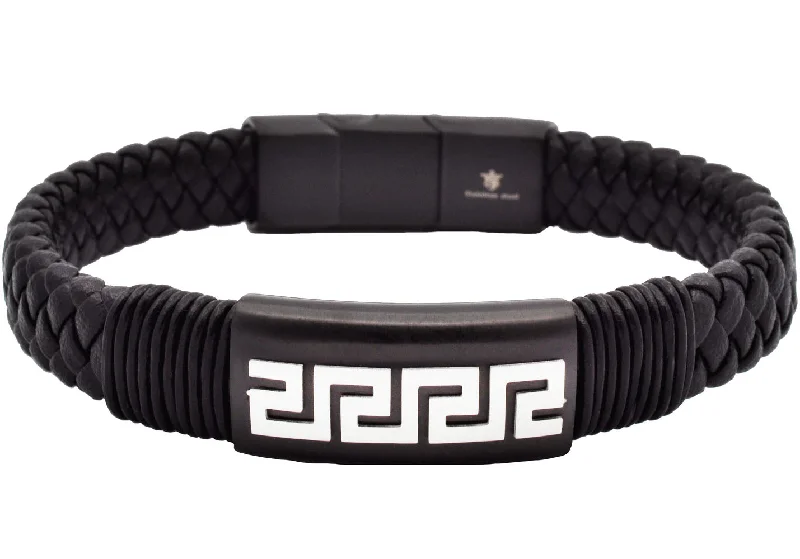 Women’s enamel bracelet-Mens Black Leather Greek Key Stainless Steel Bracelet